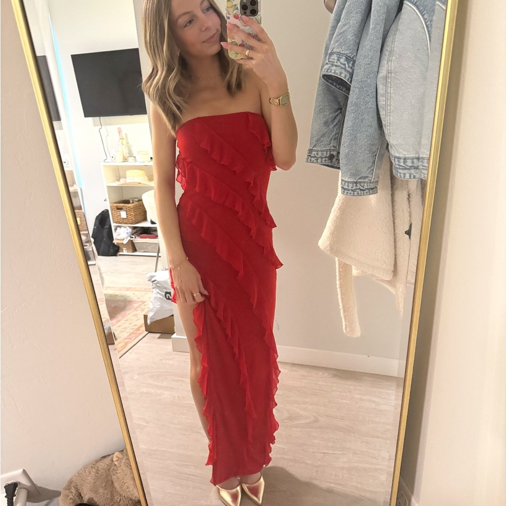 Amazon Red Ruffle Strapless Maxi Dress